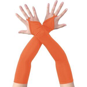 Women's Finger Loop Orange Elegant Stretchy Spandex Elbow Length Satin Gloves